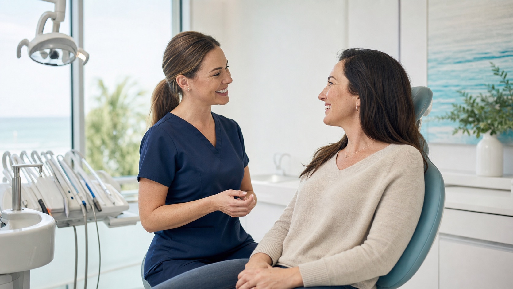 Dental hygienist speaking with a patient in a bright treatment room